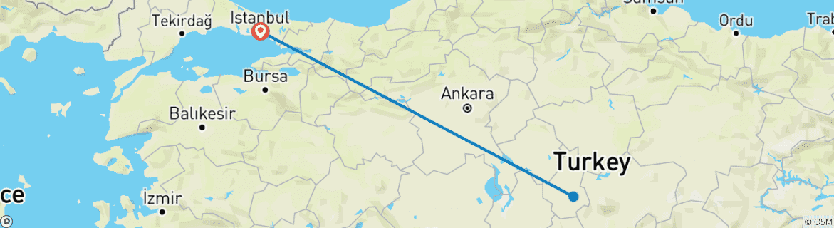 Carte du circuit 2 nuits en Cappadoce avec vol en montgolfière