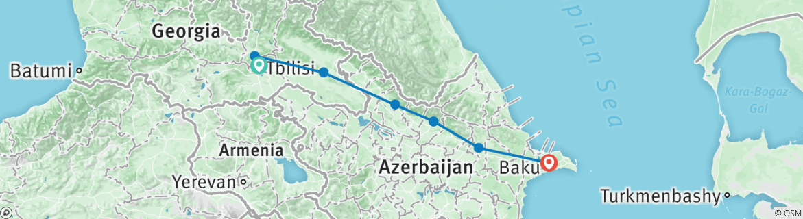 Map of Private Tbilisi - Kakheti - Zaqatala - Sheki - Baku Tour for 7 days