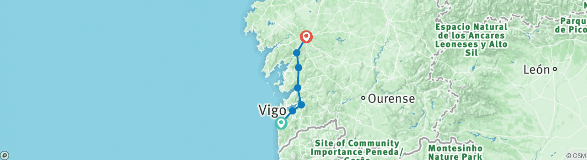 Kaart van "Camino de Santiago" (Jakobsroute): Portugese kustweg vanaf Baiona. 120 km