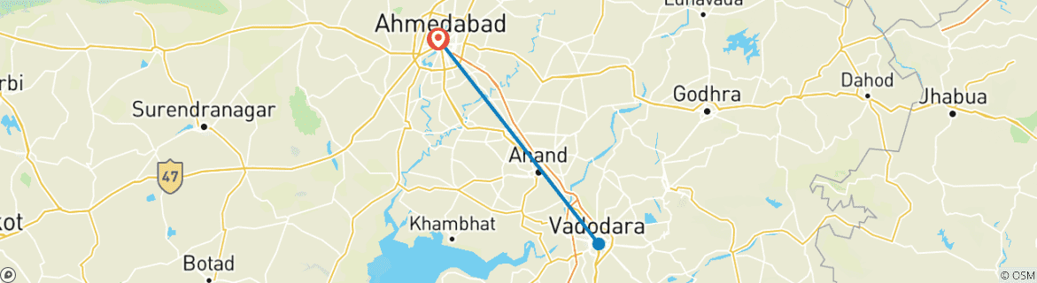 Map of Ahmedabad, Vadodara & Statue of Unity Journey Tour