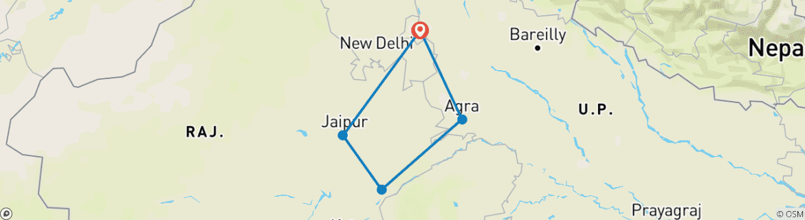 Map of Golden Triangle Tour with Ranthambore Tigers and Taj Mahal Sunrise/Sunset 7 Days