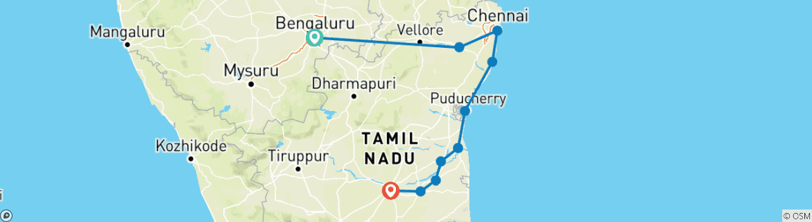 Map of Temple Trail: A Journey from Bangalore to Trichy