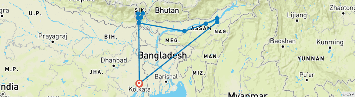 Map of Train, Tea, Tiger & Tribal Expedition