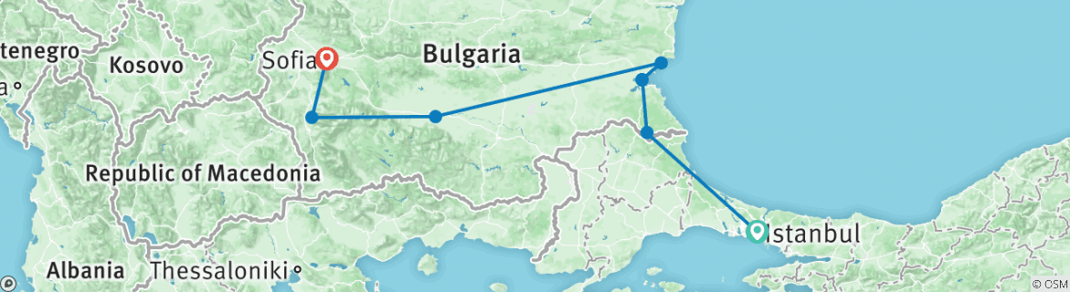 Map of Colourful Bulgaria - from Istanbul to Sofia