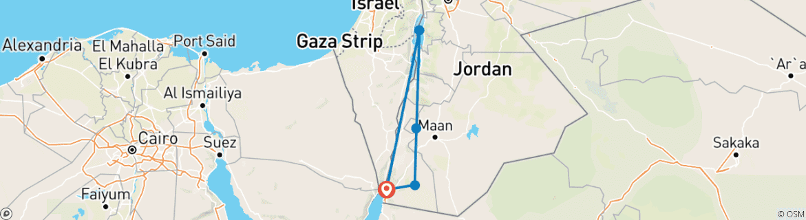 Map of Southern Jordan Highlights 4 day 3 night tour (Wadi Rum, Petra, Dead Sea) from Aqaba City (AQ-JHT-009)