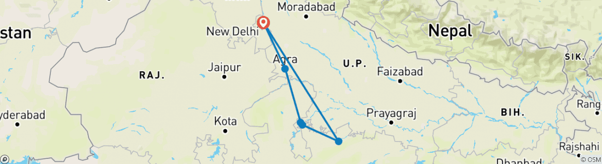 Map of 10-Day Taj Mahal and Khajuraho Tour Covering  Agra, Gwalior, Datia and Orchha: Incredible Central India Sojourn