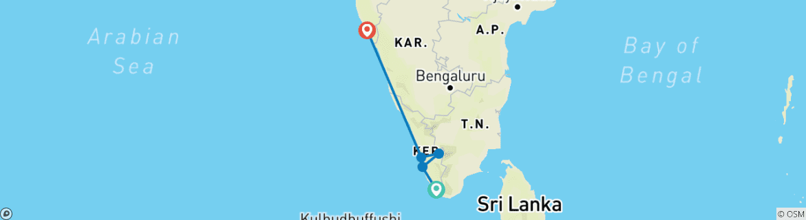 Map of 10-Day Mesmerizing Kerala & Goa Experiences: Backwaters & Beaches