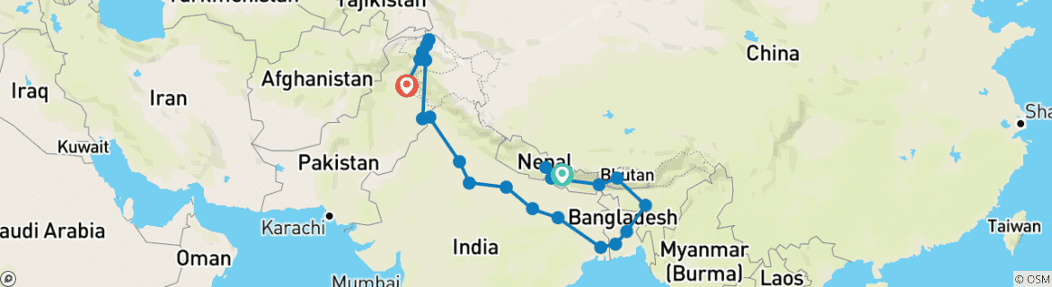 Mapa de Viaje por tierra en grupo de Katmandú a islamabad