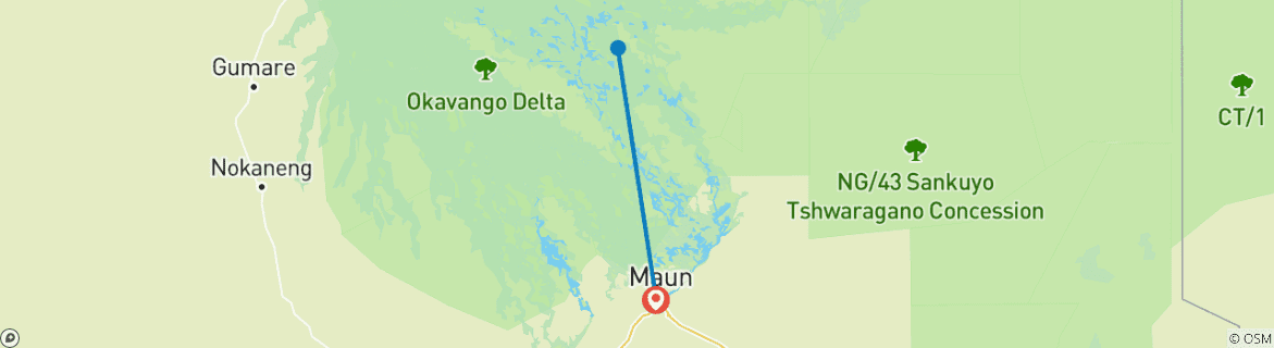 Carte du circuit Safari sous tente de 3 jours dans le delta de l'Okavango et la rivière Boteti