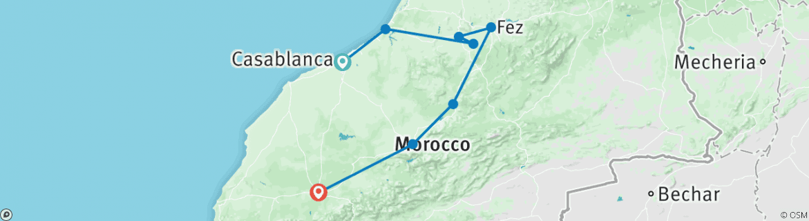 Mapa de 3 días de casablanca a Marrakech visitando Meknes, Volubilis y Fez