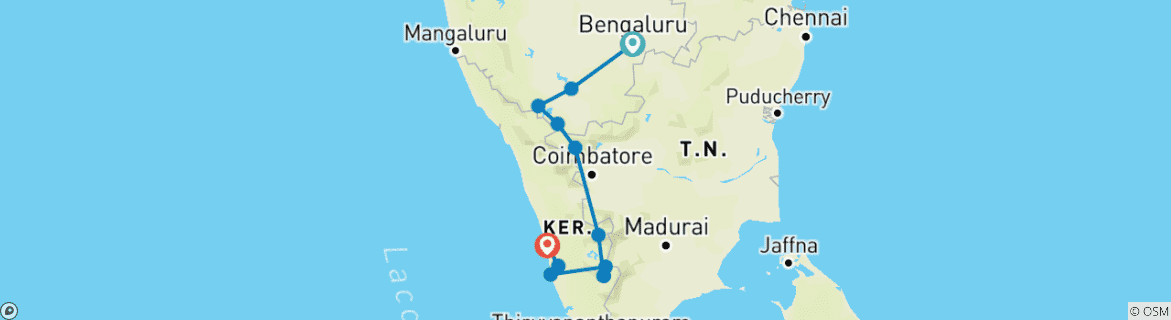 Map of South India Wildlife Tour