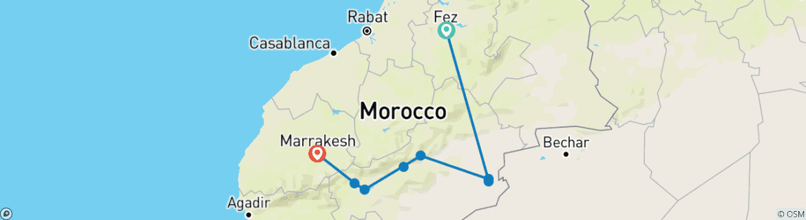 Map of From Fez: 3-Day Desert Tour to Marrakech