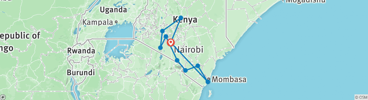 Map of 14-Days Discover Kenya wildlife luxury lodge safari & Mombasa Beach Holiday