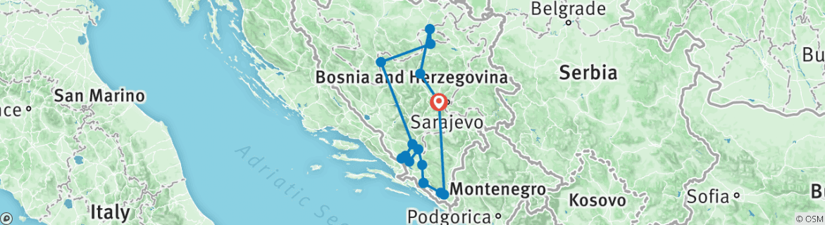 Map of Astonishing tour in Bosnia and Herzegovina: UNESCO sites and other top destinations on a 11-days tour from Sarajevo