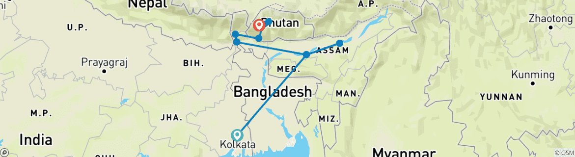 Map of Northeast India with Bhutan