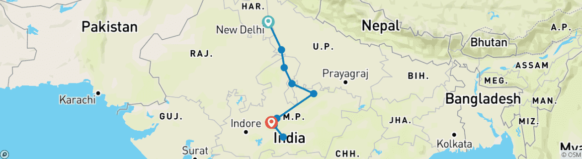 Map of Cultural Caravan: Taj, Temples & Tigers Road Trip