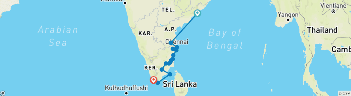 Map of East Coast & Temple Trail: Vizag to Kovalam