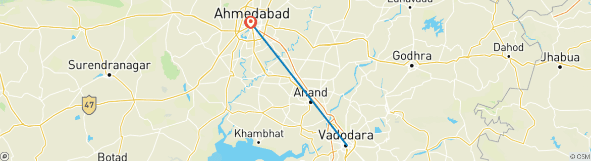 Map of Vadodara to Ahmedabad: Vibrant Cities of Gujarat Tour