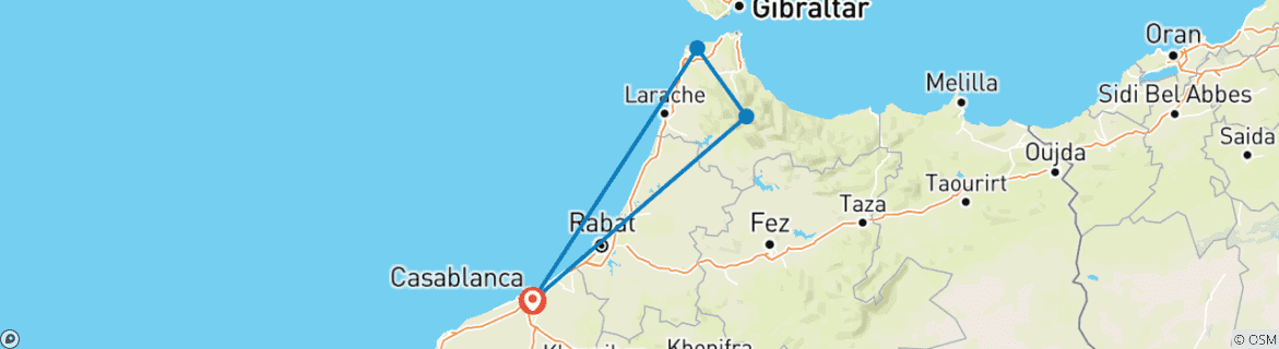 Map of Tangier & Chefchaouen 2-Day Tour From Casablanca By Train