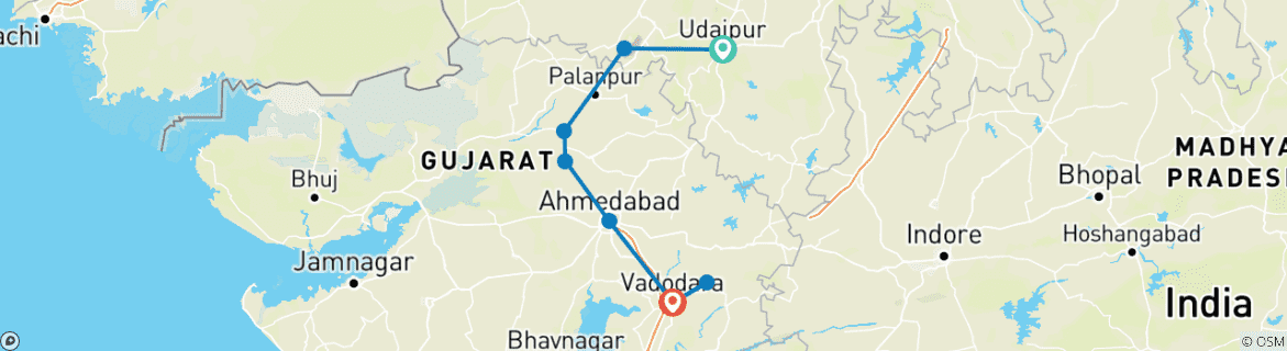 Map of Beyond Lakes and Statues: Udaipur to Vadodara Heritage Trail