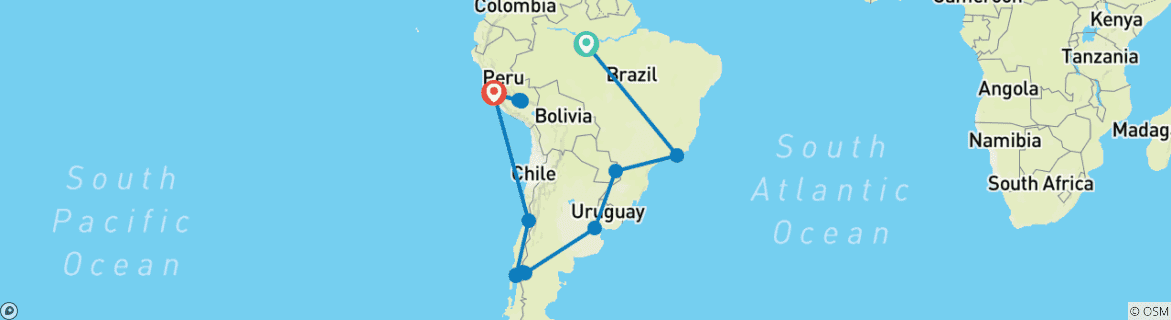 Map of South American Odyssey with Amazon & Peru