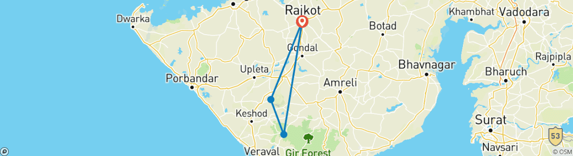 Map of Rajkot to Gir National Park Wildlife Expedition