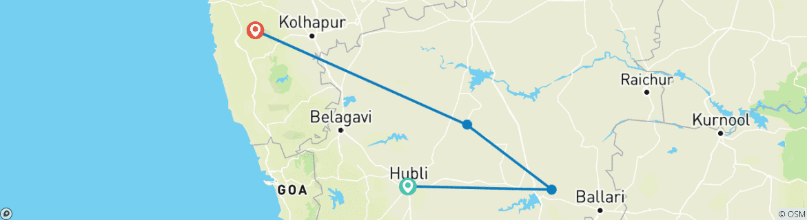 Map of Hubli to Hampi, Badami & Goa Expedition