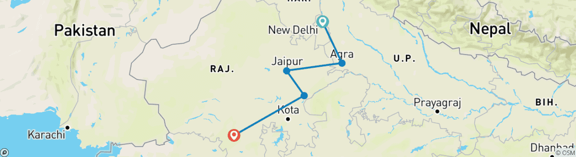 Image of a map showing the route of the tour