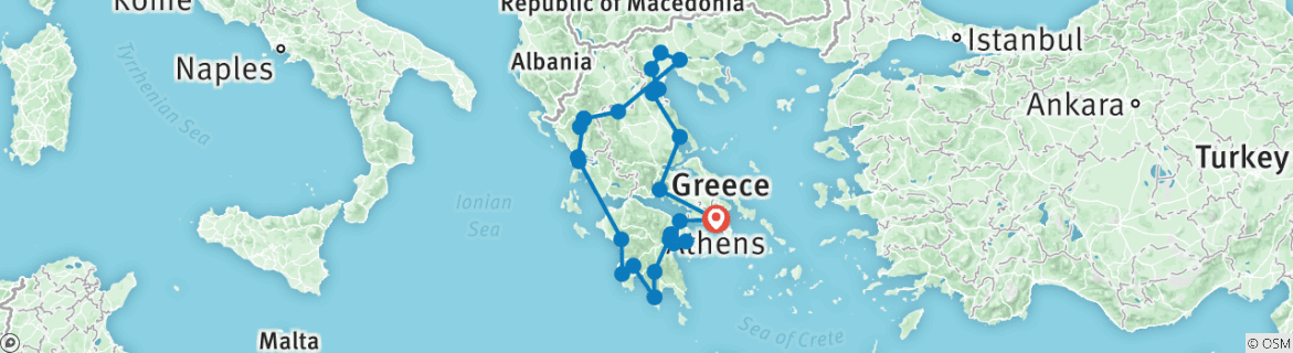 Map of 12 Day to Explore the Best of Classical Sites in  Northern & Southern Greece