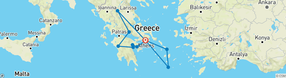 Map of 13 Day Group Tour at Ancient Greece, Santorini, Mykonos & Iconic Sites