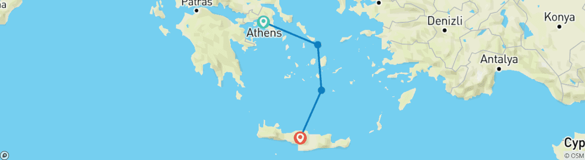 Map of 7 Day Tour in Mykonos, Santorini, Crete from Athens