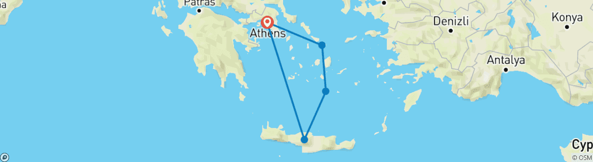 Mapa de Aventura de 10 días de luna de miel en una isla: Mykonos, Santorini, Creta y Atenas