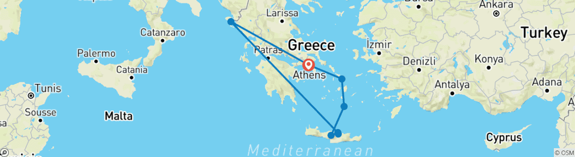 Map of 13 Day Island Tour in Mykonos, Santorini, Crete & Corfu