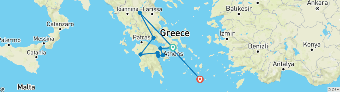 Map of 10 Day Best of Greece Tour: Nafplio, Olympia, Meteora, Delphi & Santorini