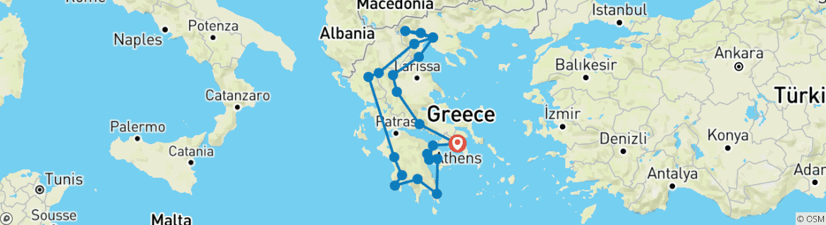 Carte du circuit Circuit culturel et historique de 17 jours en Grèce avec croisière sur l'île Saronique