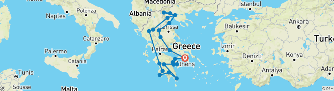 Map of 17 Day Private Tour Package All Over Greece, Mythical Paths, Ancient Routes