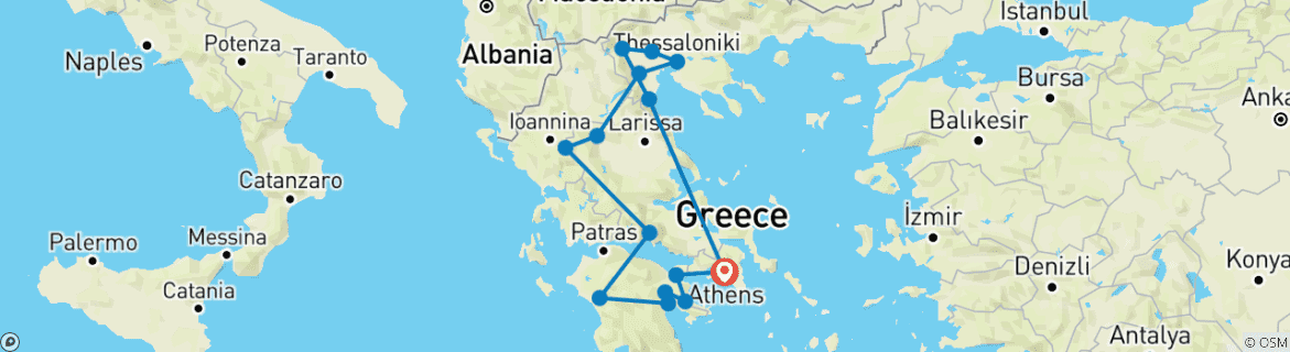 Mapa de Circuito de 7 días en la Antigua Grecia, Micenas, Delfos, Meteora, Vergina, Tesalónica