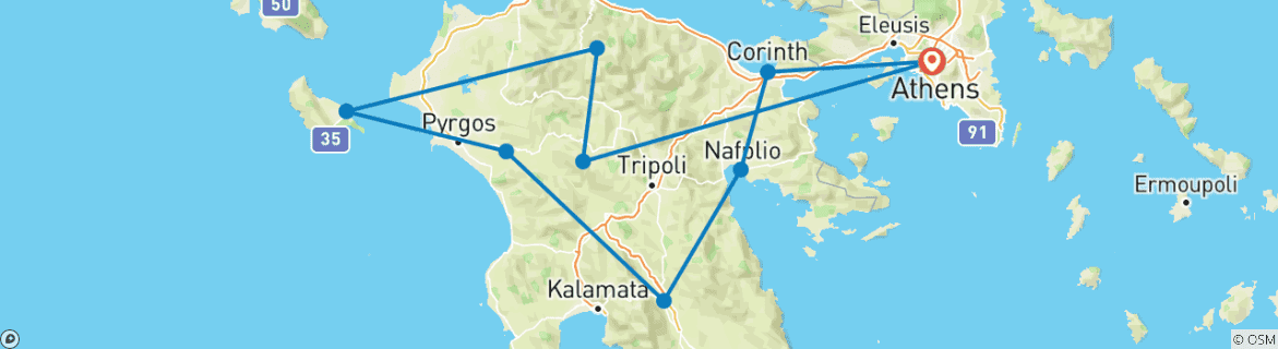 Carte du circuit Voyage de 6 jours dans les sites grecs classés au patrimoine de l'UNESCO et sur l'île de Zakynthos