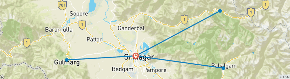 Kaart van 6-daagse rondreis door Kashmir
