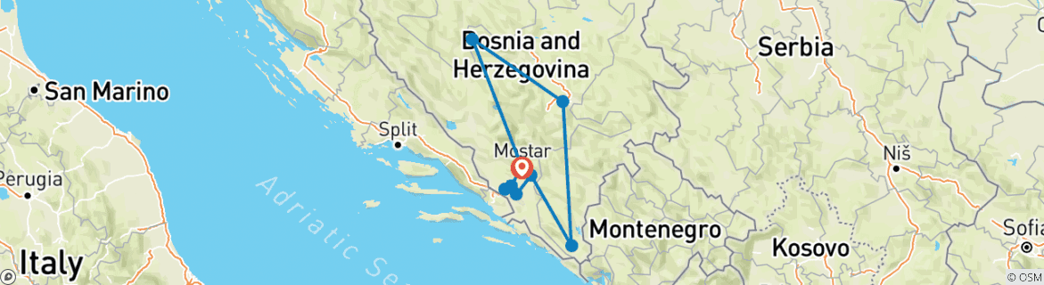 Map of Adorable tour in Bosnia and Herzegovina: UNESCO sites and other top destinations on a 9-days tour from Mostar