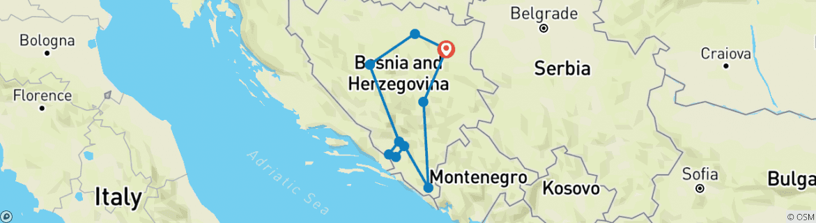 Map of Enchanting tour in Bosnia and Herzegovina: UNESCO sites and other top destinations on a 9-days tour from Tuzla