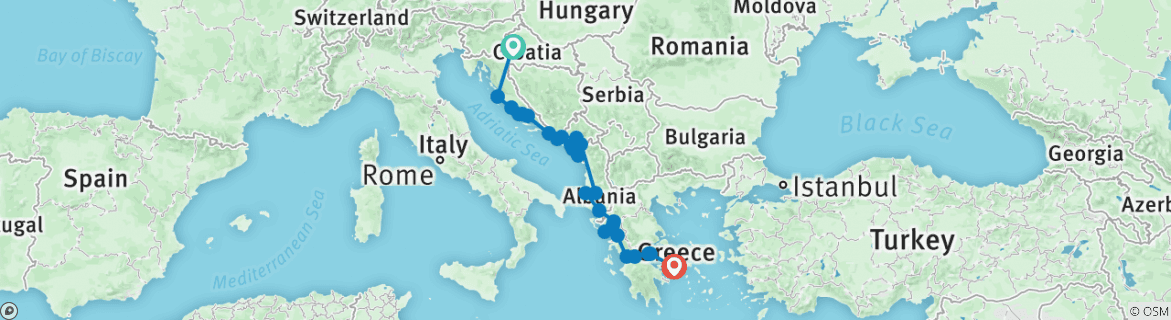 Karte von Entdecke den Balkan: Kroatien, Bosnien, Montenegro, Albanien und Griechenland (21 Tage - ab Zagreb!)