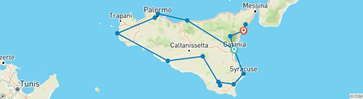 Carte du circuit Secrets de Sicile - Circuit en Sicile de 10 jours au départ de Catane