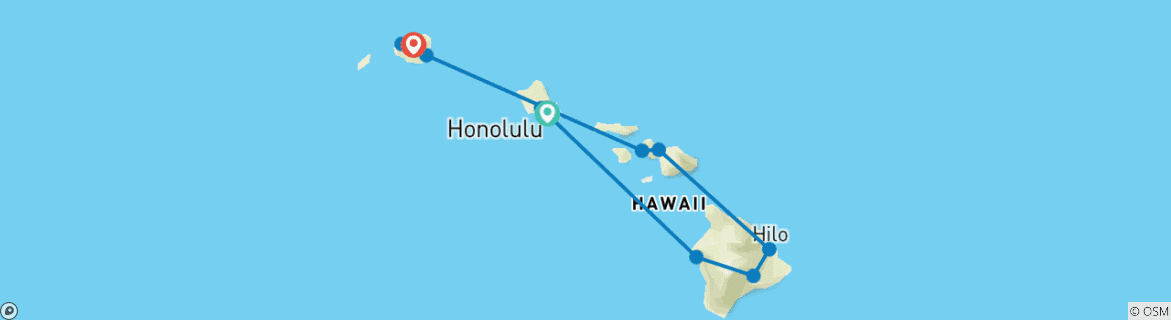 Karte von Abenteuerreise Hawaii mit vier Inseln (13 Tage)