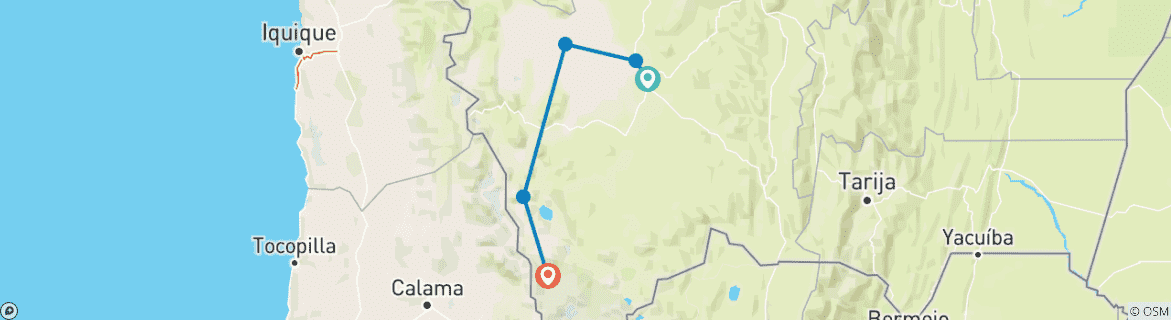 Map of Bolivia: Uyuni Salt Flat, Tunupa Volcano & Hito Cajon - 4 days