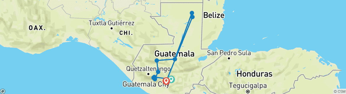 Map of Guatemala: Guatemala City, Santiago, Atitlan, Chichicastenango, Nebaj, Coban, Tikal & Antigua - 14 days