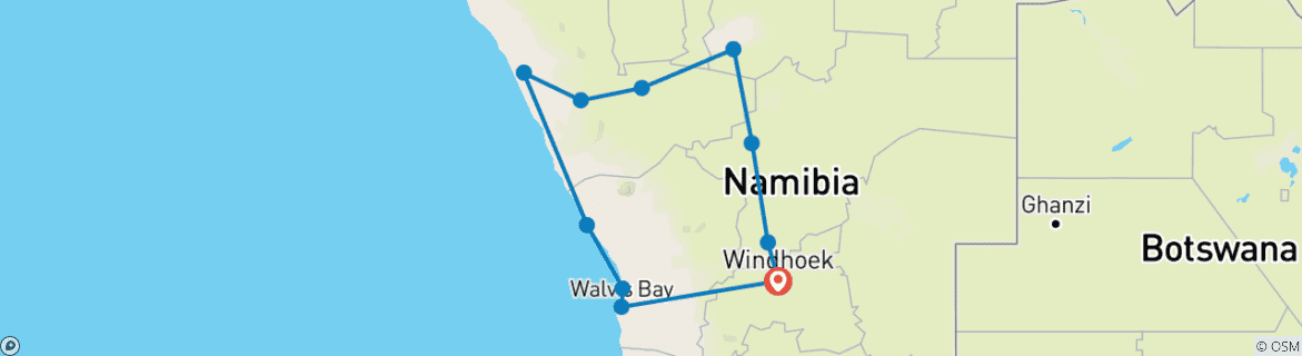 Map of 7 Day Northern Namibia & Skeleton Coast Camping Safari