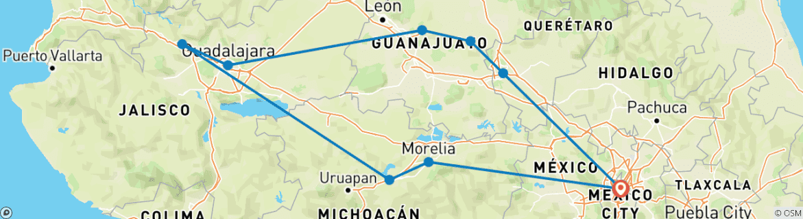 Map of Colonial Circuit: México City, Guadalajara, Guanajuato, San Miguel de Allende - 10 days