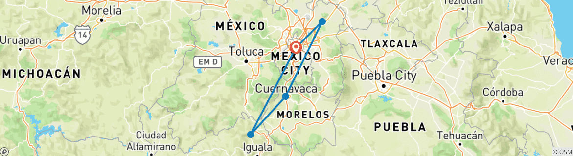 Image of a map showing the route of the tour