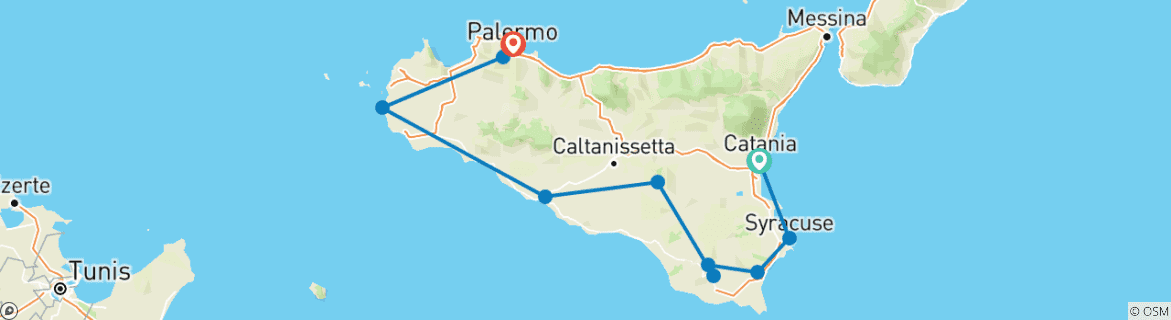 Image of a map showing the route of the tour